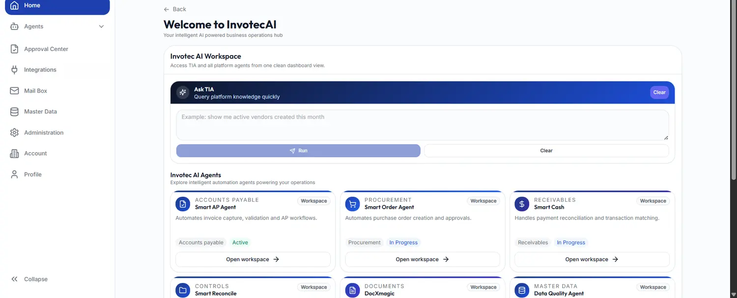 InvotecAI workspace, agent dashboard